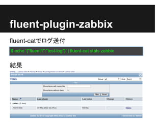 fluent-plugin-zabbix
fluent-catでログ送付
$ echo '{"fluent1":"test-log"}' | fluent-cat stats.zabbix


結果
 