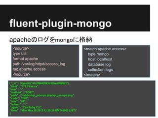 fluent-plugin-mongo
apacheのログをmongoに格納
  <source>                                             <match apache.access>
  type tail                                              type mongo
  format apache                                          host localhost
  path /var/log/httpd/access_log                         database log
  tag apache.access                                      collection logs
  </source>                                            </match>

{ "_id" : ObjectId("4fc2f0642663b30bed000001"),
 "host" : "172.19.xx.xx",
"user" : "-",
 "method" : "POST",
 "path" : "/zabbix/api_jsonrpc.php/api_jsonrpc.php",
 "code" : "200",
 "size" : "68",
 "referer" : "-",
 "agent" : "Zbx Ruby CLI",
 "time" : "Mon May 28 2012 12:25:29 GMT+0900 (JST)"
 }
 