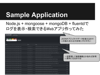 Sample Application
Node.js + mongoose + mongoDB + fluentdで
ログを表示・検索できるWebアプリ作ってみた

                          JSONオブジェクトでデータを扱えるので
                          この組み合わせが非常にやりやすい




                            一括管理して検索機能とかあれば非常
                            に便利になるのでは
 