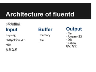Architecture of fluentd
3段階構成
Input        Buffer    Output
                       ・file
・syslog      ・memory   ・AmazonS3
・httpリクエスト   ・file     ・DB
                       ・Zabbix
・file                  などなど
などなど
 