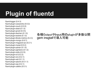Plugin of fluentd
fluent-logger (0.4.3)
fluent-plugin-cassandra (0.0.2)
fluent-plugin-couch (0.5.0)
fluent-plugin-dstat (0.1.0)
fluent-plugin-growl (0.0.5)
fluent-plugin-ikachan (0.1.0)
fluent-plugin-kestrel (0.1.0)           各種OutputやInput用のpluginが多数公開
fluent-plugin-librato-metrics (0.2.3)   gem insgtallで導入可能
fluent-plugin-mongo (0.6.7)
fluent-plugin-msgpack-rpc (0.2.1)
fluent-plugin-mysql (0.0.2)
fluent-plugin-parser (0.1.0)
fluent-plugin-pghstore (0.1.2)
fluent-plugin-redis (0.2.0)
fluent-plugin-s3 (0.2.2)
fluent-plugin-sns (0.2.1)
fluent-plugin-solr (0.1.1)
fluent-plugin-splunk (0.0.1.1)
fluent-plugin-sqs (0.2.1)
fluent-plugin-zabbix (0.0.1)
 