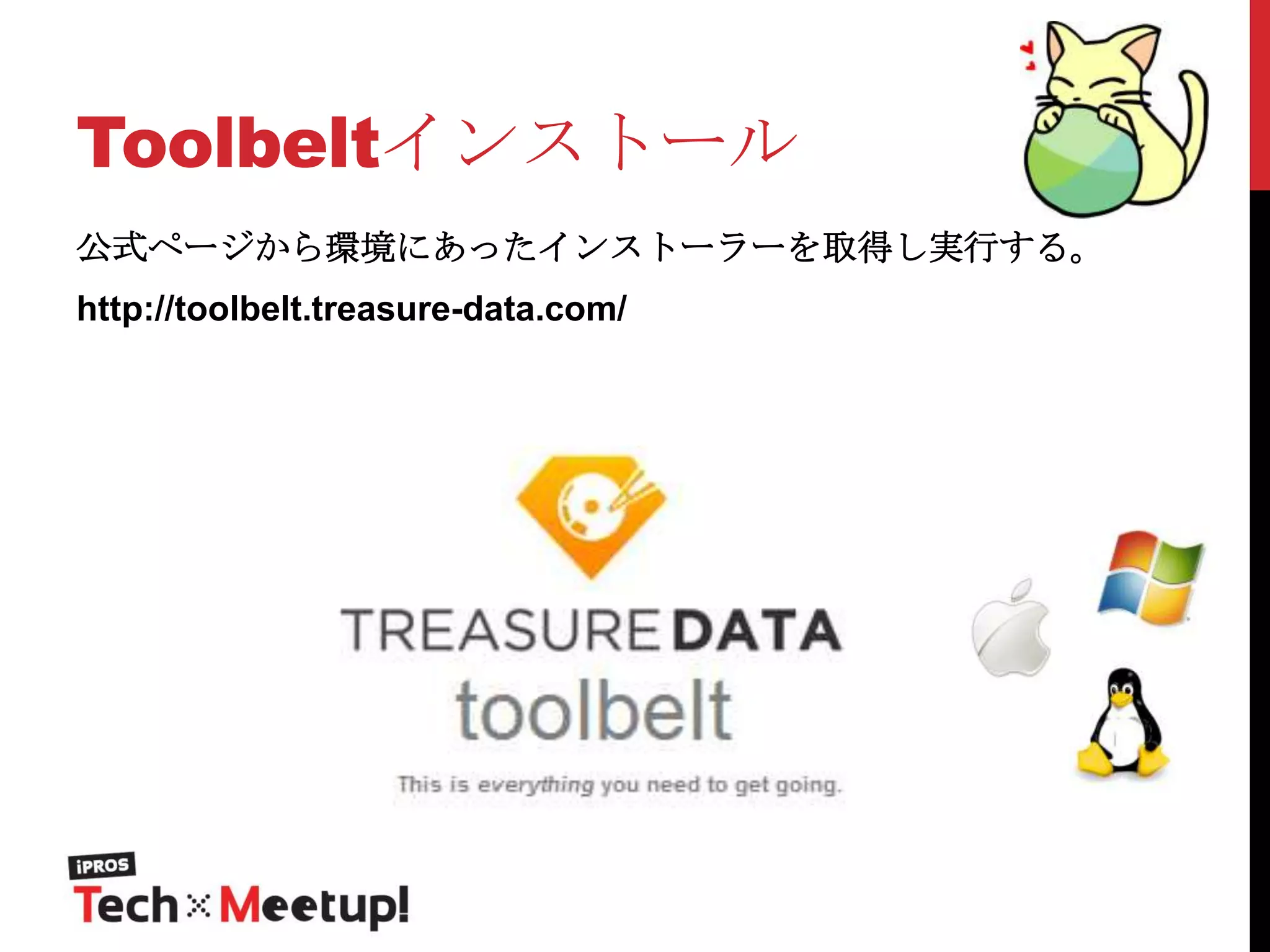 Toolbeltインストール
公式ページから環境にあったインストーラーを取得し実行する。
http://toolbelt.treasure-data.com/

 