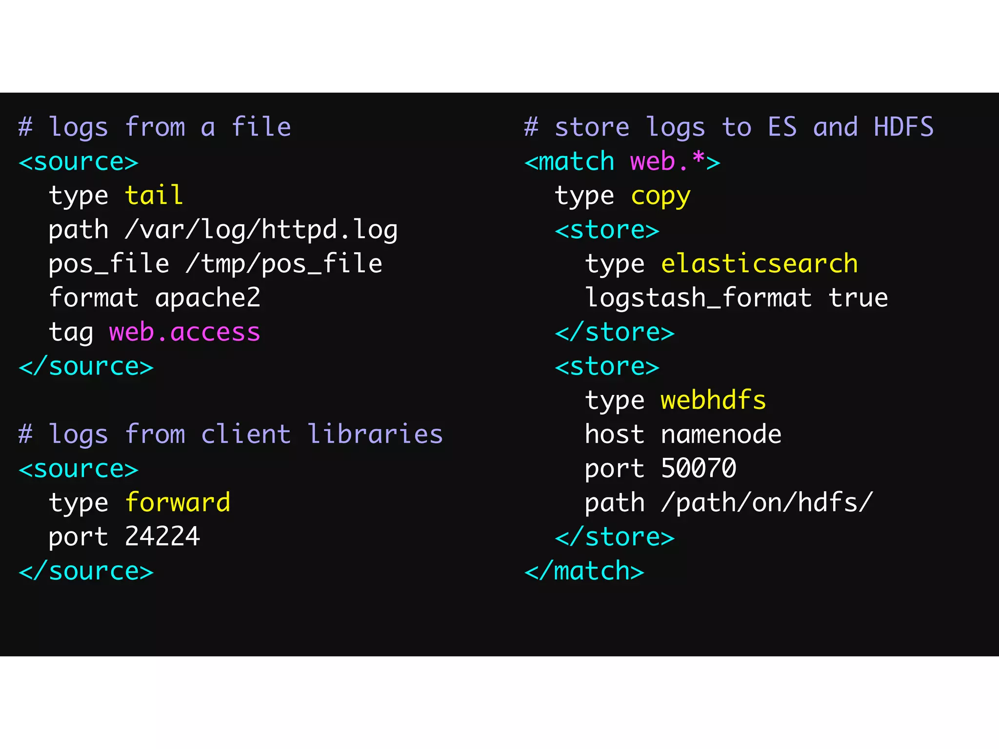 # logs from a file	
<source>	
type tail	
path /var/log/httpd.log	
pos_file /tmp/pos_file	
format apache2	
tag web.access	
</source>	
!
# logs from client libraries	
<source>	
type forward	
port 24224	
</source>	
!
# store logs to ES and HDFS	
<match web.*>	
type copy	
<store>	
type elasticsearch	
logstash_format true	
</store>	
<store>	
type webhdfs	
host namenode	
port 50070	
path /path/on/hdfs/	
</store>	
</match>
 