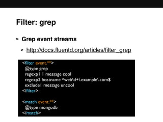 > Grep event streams
> http://docs.ﬂuentd.org/articles/ﬁlter_grep 
 
 
 
 
 
<ﬁlter event.**>
@type grep
regexp1 1 message cool
regexp2 hostname ^webd+.example.com$
exclude1 message uncool
</ﬁlter>
<match event.**>
@type mongodb
</match>
Filter: grep
 