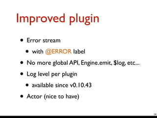 Improved plugin
• Error stream	

• with @ERROR label	

• No more global API, Engine.emit, $log, etc...	

• Log level per plugin 	

• available since v0.10.43	

• Actor (nice to have)
14
 