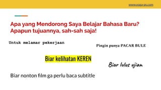 Apa yang Mendorong Saya Belajar Bahasa Baru?
Apapun tujuannya, sah-sah saja!
Untuk melamar pekerjaan
Biar kelihatan KEREN
Pingin punya PACAR BULE
Biar lulus ujian
Biar nonton ﬁlm ga perlu baca subtitle
www.yoga-ps.com
 