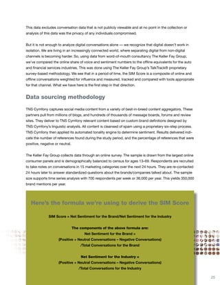 This data excludes conversation data that is not publicly viewable and at no point in the collection or
analysis of this data was the privacy of any individuals compromised.


But it is not enough to analyze digital conversations alone — we recognize that digital doesn’t work in
isolation. We are living in an increasingly connected world, where separating digital from non-digital
channels is becoming harder. So, using data from word-of-mouth consultancy The Keller Fay Group,
we’ve compared the online share of voice and sentiment numbers to the offline equivalents for the auto
and financial services industries. This was done using The Keller Fay Group’s TalkTrack® proprietary
survey-based methodology. We see that in a period of time, the SIM Score is a composite of online and
offline conversations weighted for influence and measured, tracked and compared with tools appropriate
for that channel. What we have here is the first step in that direction.


Data sourcing methodology

TNS Cymfony captures social media content from a variety of best-in-breed content aggregators. These
partners pull from millions of blogs, and hundreds of thousands of message boards, forums and review
sites. They deliver to TNS Cymfony relevant content based on custom brand definitions designed by
TNS Cymfony’s linguistic analysts. All content is cleansed of spam using a proprietary six-step process.
TNS Cymfony then applied its automated tonality engine to determine sentiment. Results delivered indi-
cate the number of references found during the study period, and the percentage of references that were
positive, negative or neutral.


The Keller Fay Group collects data through an online survey. The sample is drawn from the largest online
consumer panels and is demographically balanced to census for ages 13–69. Respondents are recruited
to take notes on conversations in 15 marketing categories over the next 24 hours. They are re-contacted
24 hours later to answer standardized questions about the brands/companies talked about. The sample
size supports time series analysis with 700 respondents per week or 36,000 per year. This yields 350,000
brand mentions per year.




   Here’s the formula we’re using to derive the SIM Score

               SIM Score = Net Sentiment for the Brand/Net Sentiment for the Industry


                                 The components of the above formula are:
                                       Net Sentiment for the Brand =
                     (Positive + Neutral Conversations – Negative Conversations)
                                     /Total Conversations for the Brand


                                     Net Sentiment for the Industry =
                     (Positive + Neutral Conversations – Negative Conversations)
                                    /Total Conversations for the Industry

                                                                                                           25
 