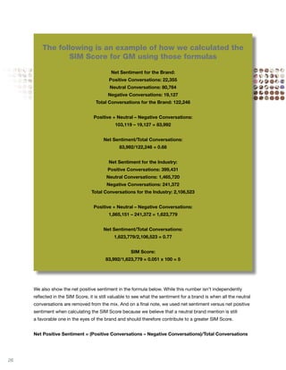 The following is an example of how we calculated the
                SIM Score for GM using those formulas

                                            Net Sentiment for the Brand:
                                           Positive Conversations: 22,355
                                           Neutral Conversations: 80,764
                                          Negative Conversations: 19,127
                                    Total Conversations for the Brand: 122,246


                                   Positive + Neutral – Negative Conversations:
                                              103,119 – 19,127 = 83,992


                                        Net Sentiment/Total Conversations:
                                                83,992/122,246 = 0.68


                                           Net Sentiment for the Industry:
                                          Positive Conversations: 399,431
                                         Neutral Conversations: 1,465,720
                                          Negative Conversations: 241,372
                                  Total Conversations for the Industry: 2,106,523


                                   Positive + Neutral – Negative Conversations:
                                           1,865,151 – 241,372 = 1,623,779


                                        Net Sentiment/Total Conversations:
                                             1,623,779/2,106,523 = 0.77


                                                      SIM Score:
                                         83,992/1,623,779 = 0.051 x 100 = 5




     We also show the net positive sentiment in the formula below. While this number isn’t independently
     reflected in the SIM Score, it is still valuable to see what the sentiment for a brand is when all the neutral
     conversations are removed from the mix. And on a final note, we used net sentiment versus net positive
     sentiment when calculating the SIM Score because we believe that a neutral brand mention is still
     a favorable one in the eyes of the brand and should therefore contribute to a greater SIM Score.


     Net Positive Sentiment = (Positive Conversations – Negative Conversations)/Total Conversations




26
 