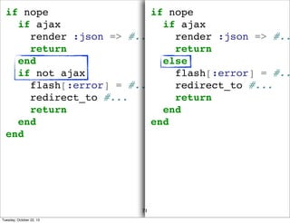if nope
if nope
if ajax
if ajax
render :json => #...
render :json => #..
return
return
end
else
if not ajax
flash[:error] ...
