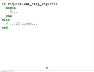if request.xml_http_request?
begin
#...
end
else
# ...22 lines...
end

57
Tuesday, October 22, 13

 