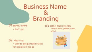 Business Name
&
Branding
BRAND NAME
01
Meaning
02
> Warm tones (yellow, brown,
white)
03
> Fluff Up!
> Easy-to-get pancake stacks
for people on the go
LOGO AND COLORS
 