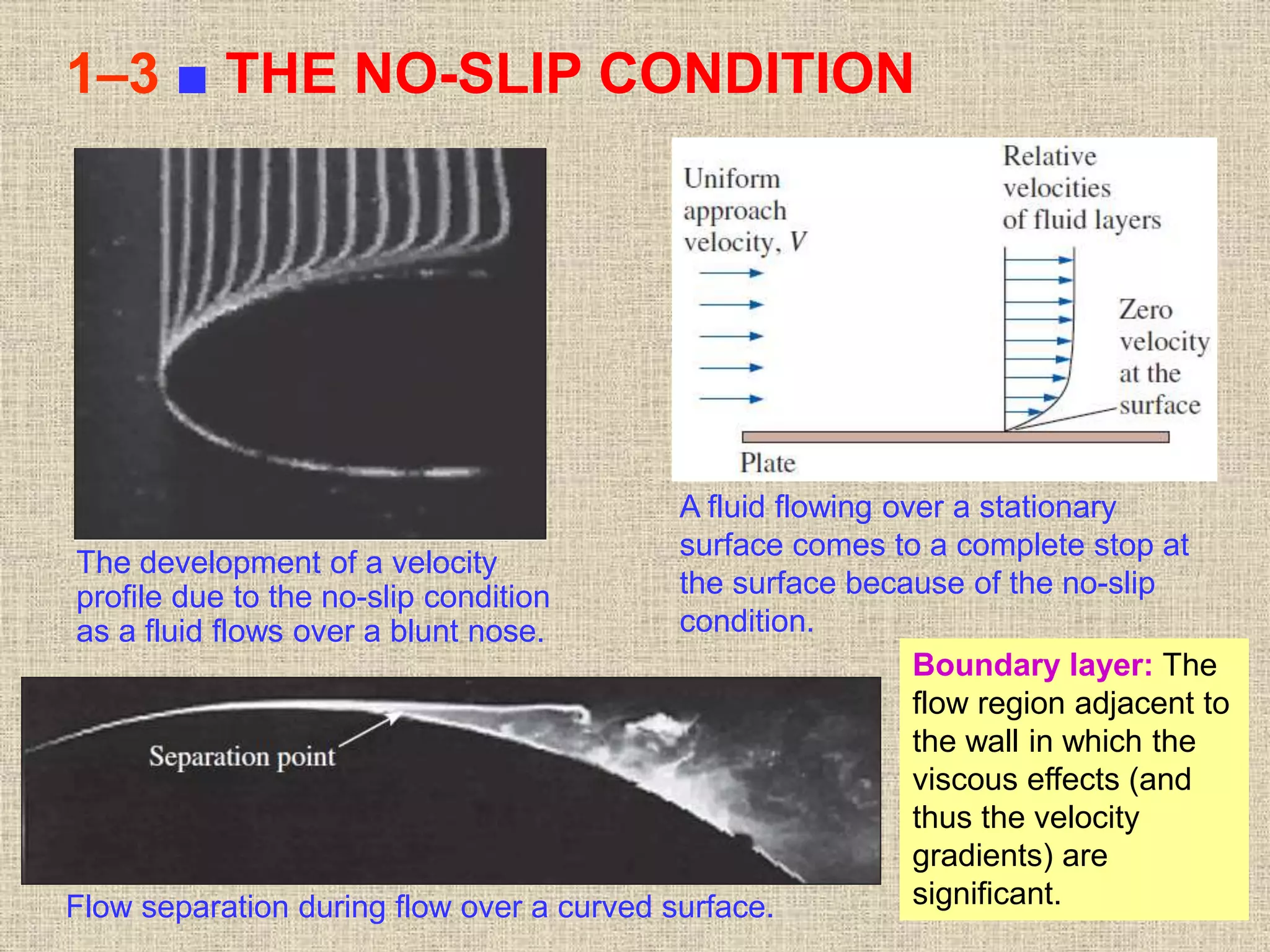 15
1–3 ■ THE NO-SLIP CONDITION
The development of a velocity
profile due to the no-slip condition
as a fluid flows over a blunt nose.
A fluid flowing over a stationary
surface comes to a complete stop at
the surface because of the no-slip
condition.
Flow separation during flow over a curved surface.
Boundary layer: The
flow region adjacent to
the wall in which the
viscous effects (and
thus the velocity
gradients) are
significant.
 