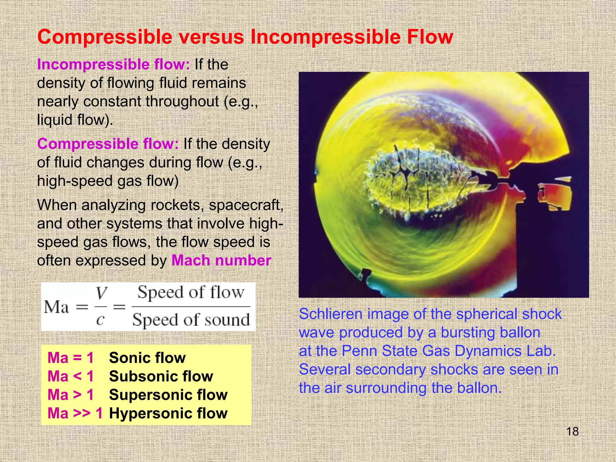 18
Compressible versus Incompressible Flow
Incompressible flow: If the
density of flowing fluid remains
nearly constant throughout (e.g.,
liquid flow).
Compressible flow: If the density
of fluid changes during flow (e.g.,
high-speed gas flow)
When analyzing rockets, spacecraft,
and other systems that involve high-
speed gas flows, the flow speed is
often expressed by Mach number
Schlieren image of the spherical shock
wave produced by a bursting ballon
at the Penn State Gas Dynamics Lab.
Several secondary shocks are seen in
the air surrounding the ballon.
Ma = 1 Sonic flow
Ma < 1 Subsonic flow
Ma > 1 Supersonic flow
Ma >> 1 Hypersonic flow
 
