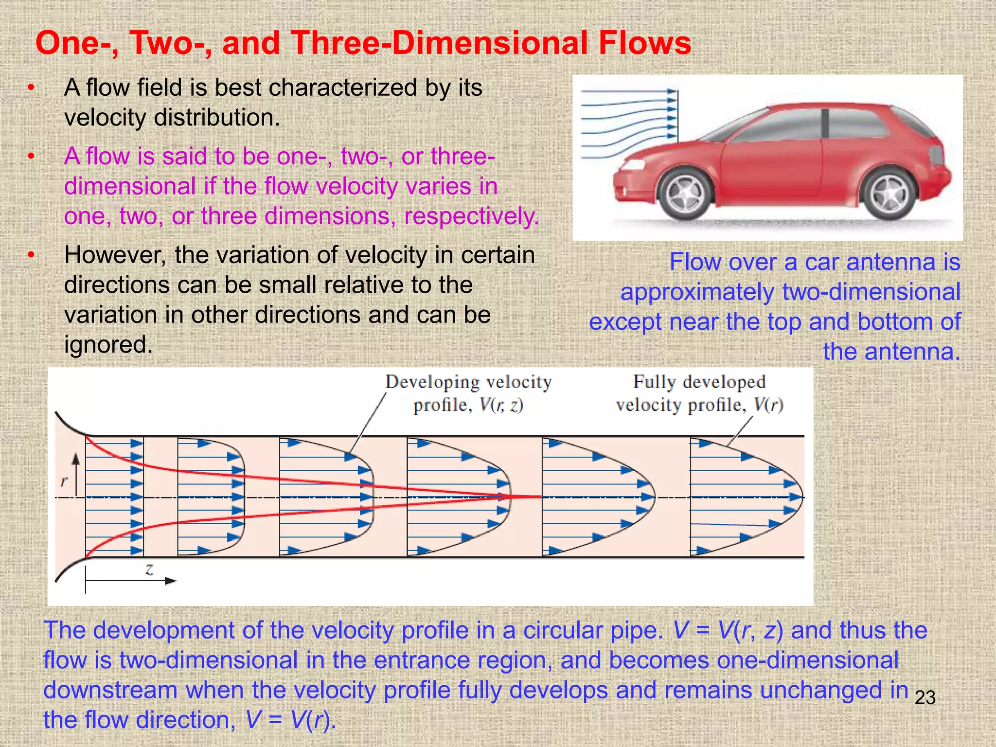 23
One-, Two-, and Three-Dimensional Flows
• A flow field is best characterized by its
velocity distribution.
• A flow is said to be one-, two-, or three-
dimensional if the flow velocity varies in
one, two, or three dimensions, respectively.
• However, the variation of velocity in certain
directions can be small relative to the
variation in other directions and can be
ignored.
The development of the velocity profile in a circular pipe. V = V(r, z) and thus the
flow is two-dimensional in the entrance region, and becomes one-dimensional
downstream when the velocity profile fully develops and remains unchanged in
the flow direction, V = V(r).
Flow over a car antenna is
approximately two-dimensional
except near the top and bottom of
the antenna.
 