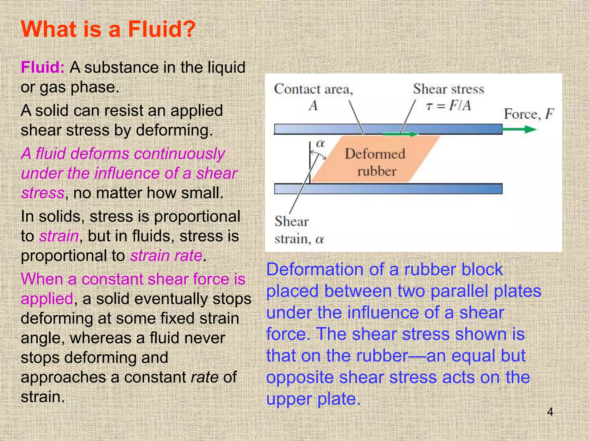4
What is a Fluid?
Fluid: A substance in the liquid
or gas phase.
A solid can resist an applied
shear stress by deforming.
A fluid deforms continuously
under the influence of a shear
stress, no matter how small.
In solids, stress is proportional
to strain, but in fluids, stress is
proportional to strain rate.
When a constant shear force is
applied, a solid eventually stops
deforming at some fixed strain
angle, whereas a fluid never
stops deforming and
approaches a constant rate of
strain.
Deformation of a rubber block
placed between two parallel plates
under the influence of a shear
force. The shear stress shown is
that on the rubber—an equal but
opposite shear stress acts on the
upper plate.
 