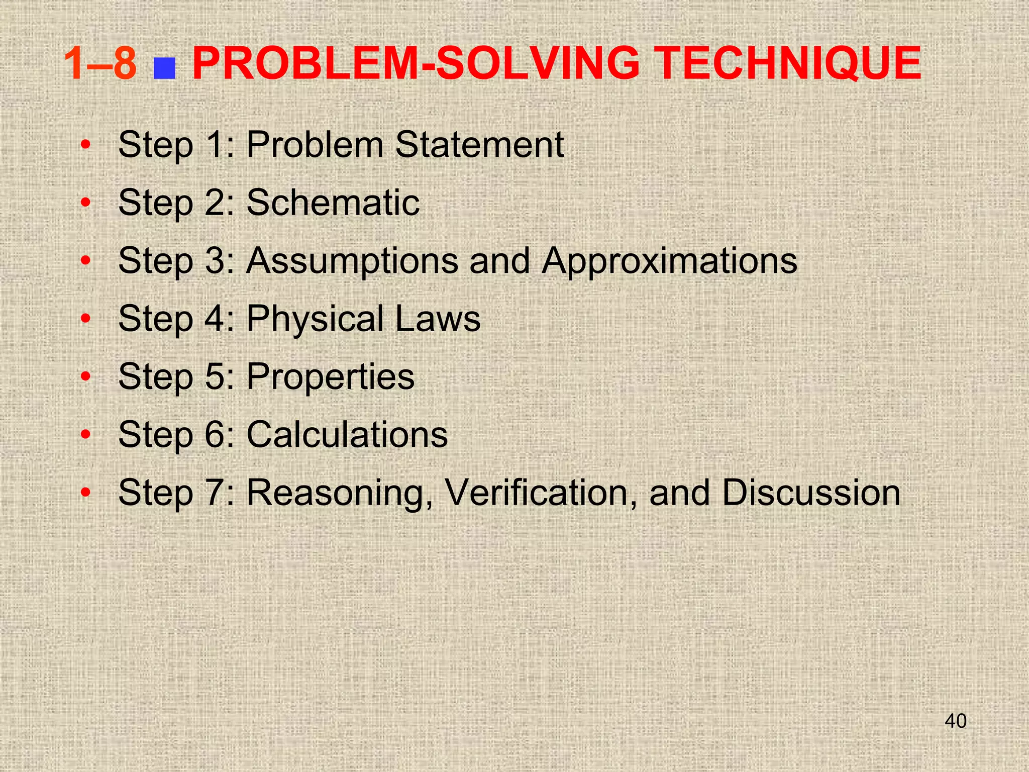 40
1–8 ■ PROBLEM-SOLVING TECHNIQUE
• Step 1: Problem Statement
• Step 2: Schematic
• Step 3: Assumptions and Approximations
• Step 4: Physical Laws
• Step 5: Properties
• Step 6: Calculations
• Step 7: Reasoning, Verification, and Discussion
 