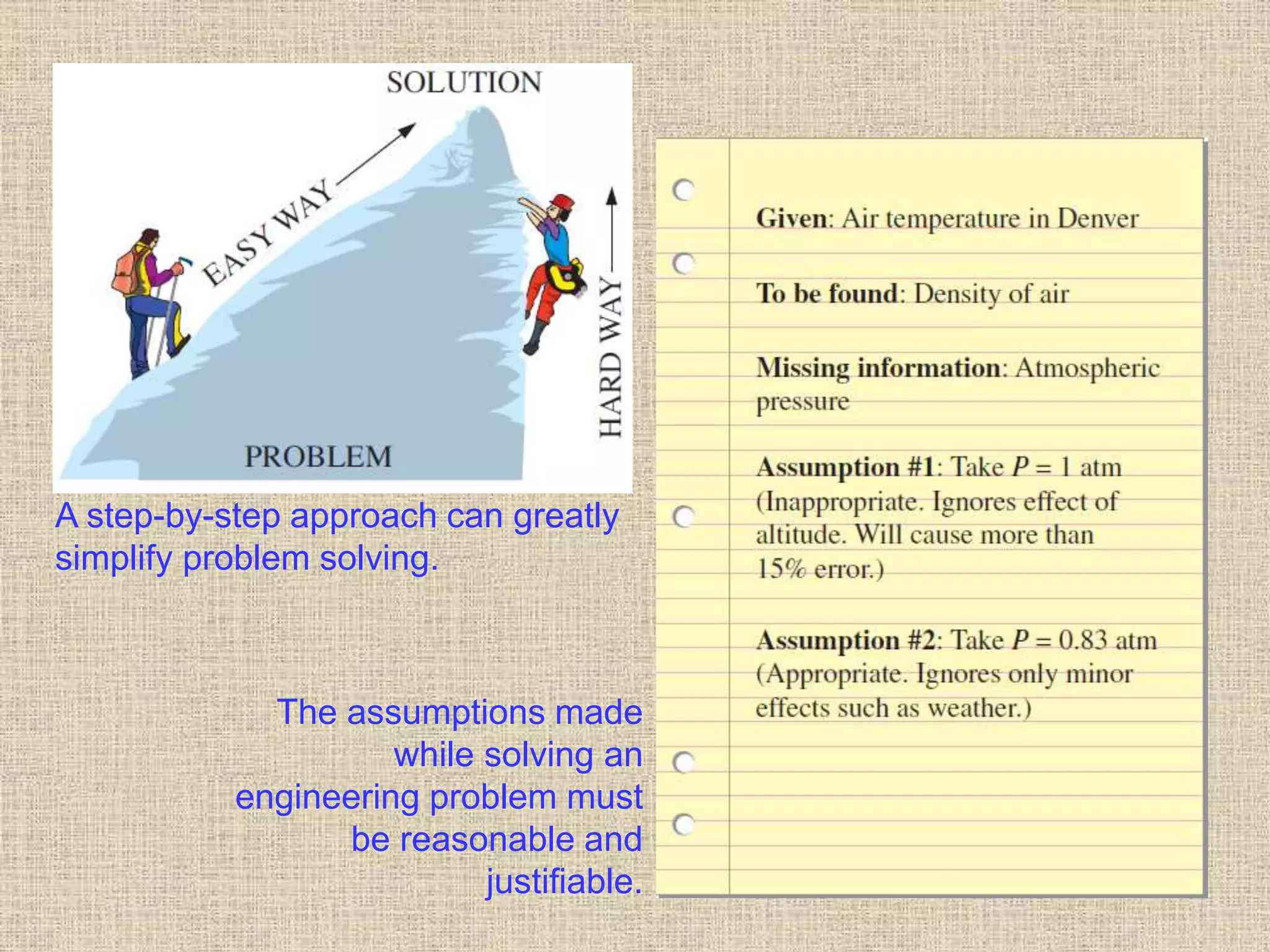41
A step-by-step approach can greatly
simplify problem solving.
The assumptions made
while solving an
engineering problem must
be reasonable and
justifiable.
 