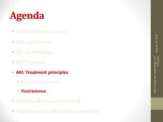 Agenda
• AKI: Definition & Causes
• AKI: Classification
• AKI: Epidimiology
• AKI: Prognosis
• AKI: Treatment principles
• Role of loop diuretics
• Fluid balance
• Selection of Resuscitation Fluid
• Fluid overload in AKI and its mechanism
August,13,2018
MIHCriticalcarenephrology,prof
KOkasha
 