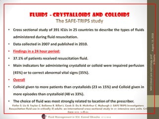 Fluids - Crystalloids and Colloids
Fluid Management in ICU, Kamal Okasha 27/2/2018
• Cross sectional study of 391 ICUs in 25 countries to describe the types of fluids
administered during fluid resuscitation.
• Data collected in 2007 and published in 2010.
• Findings in a 24 hour period:
• 37.1% of patients received resuscitation fluid.
• Main indicators for administering crystalloid or colloid were impaired perfusion
(45%) or to correct abnormal vital signs (35%).
• Overall
• Colloid given to more patients than crystalloids (23 vs 15%) and Colloid given in
more episodes than crystalloid (48 vs 33%).
• The choice of fluid was most strongly related to location of the prescriber.
Finfer S, Liu B, Taylor C, Bellomo R, Billot L, Cook D, Du B, McArthur C, Myburgh J; SAFE TRIPS Investigators:
Resuscitation fluid use in critically ill adults: an international cross sectional study in 391 intensive care units. Crit
Care 2010; 14:R185.
August,13,2018
MIHCriticalcarenephrology,prof
KOkasha
 