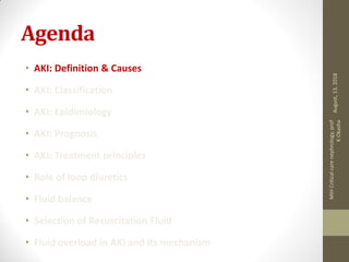 Agenda
• AKI: Definition & Causes
• AKI: Classification
• AKI: Epidimiology
• AKI: Prognosis
• AKI: Treatment principles
• Role of loop diuretics
• Fluid balance
• Selection of Resuscitation Fluid
• Fluid overload in AKI and its mechanism
August,13,2018
MIHCriticalcarenephrology,prof
KOkasha
 