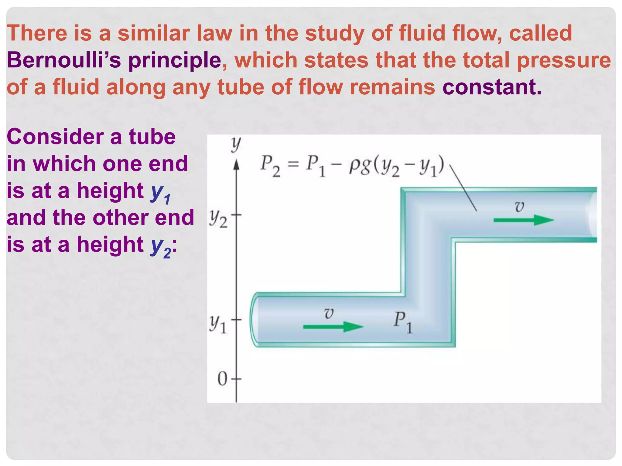 There is a similar law in the study of fluid flow, called
Bernoulli’s principle, which states that the total pressure
of a fluid along any tube of flow remains constant.
Consider a tube
in which one end
is at a height y1
and the other end
is at a height y2:
 