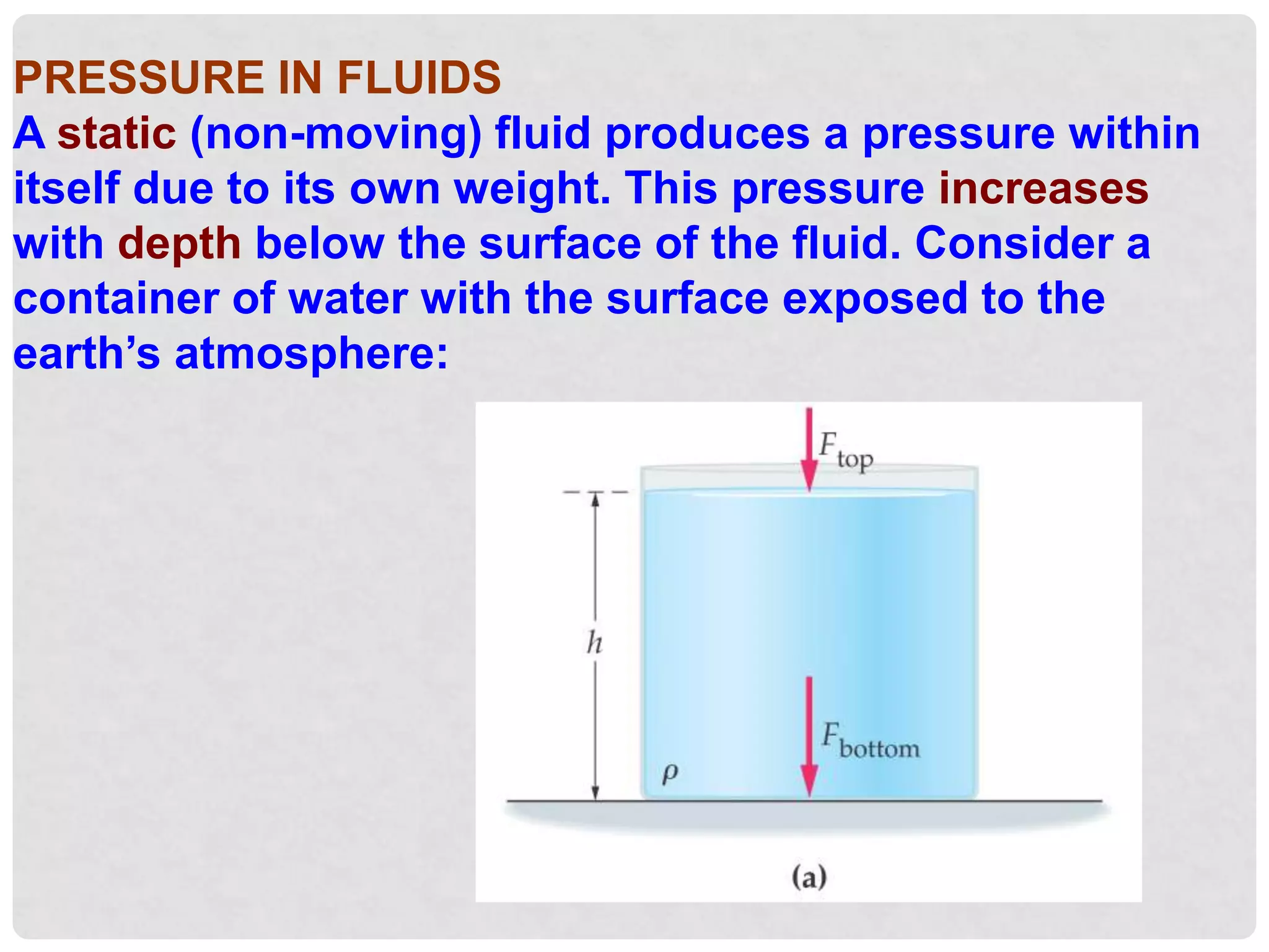 PRESSURE IN FLUIDS
A static (non-moving) fluid produces a pressure within
itself due to its own weight. This pressure increases
with depth below the surface of the fluid. Consider a
container of water with the surface exposed to the
earth’s atmosphere:
 