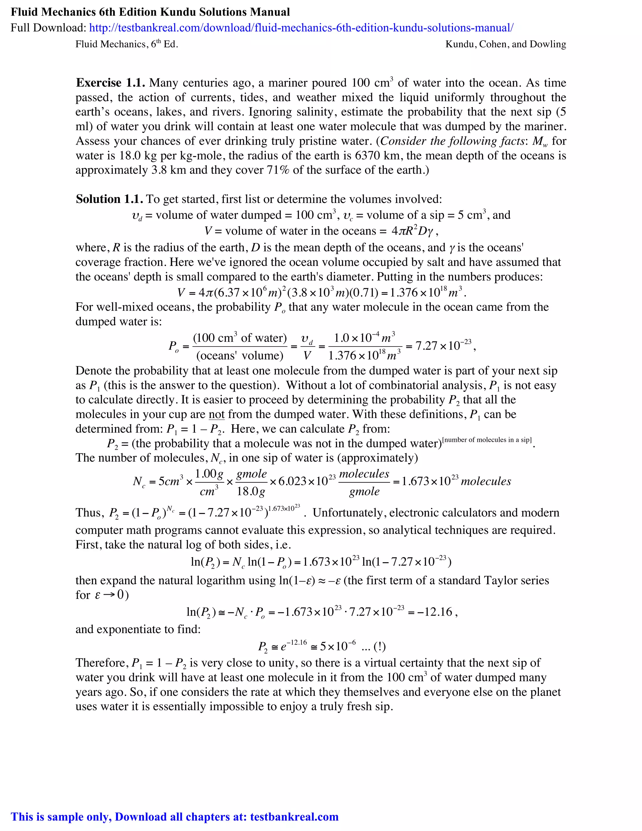 Fluid Mechanics 6th Edition Kundu Solutions Manual PDF