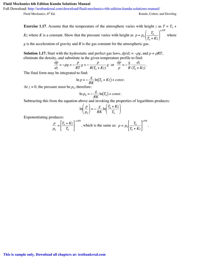 Fluid Mechanics 6th Edition Kundu Solutions Manual PDF