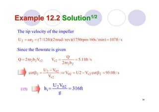 36
Example 12.2Example 12.2 SolutionSolution1/21/2
s/ft107min)/s60/rpm1750)(rev/rad2)(ft12/7(rU 22 =π=ω=
The tip velocity of the impeller
s/ft11.5
br2
Q
VVbr2Q
22
2r2r22 =
π
=π=
Since the flowrate is given
s/ft0.95cotV2UV
V
VU
cot 22r2
2r
22
2 =β−=⇒
−
=β θ
θ
ft316
g
VU
h 2θ2
i ==(15)(15)
 