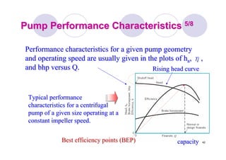 42
Pump Performance CharacteristicsPump Performance Characteristics 5/85/8
Typical performanceTypical performance
characteristics for a centrifugalcharacteristics for a centrifugal
pump of a given size operating at apump of a given size operating at a
constant impeller speed.constant impeller speed.
Rising head curveRising head curve
capacitycapacityBest efficiency points (BEP)Best efficiency points (BEP)
Performance characteristics for a given pump geometryPerformance characteristics for a given pump geometry
and operating speed are usually given in the plots of hand operating speed are usually given in the plots of haa,, ηη,,
andand bhpbhp versus Q.versus Q.
 