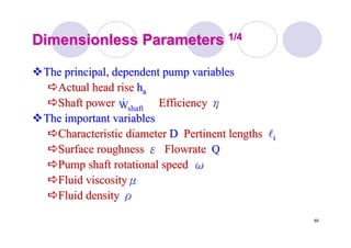 65
Dimensionless ParametersDimensionless Parameters 1/41/4
The principal, dependent pump variablesThe principal, dependent pump variables
Actual head riseActual head rise hhaa
Shaft power EfficiencyShaft power Efficiency ηη
The important variablesThe important variables
Characteristic diameterCharacteristic diameter DD Pertinent lengthsPertinent lengths llii
Surface roughnessSurface roughness εε FlowrateFlowrate QQ
Pump shaft rotational speedPump shaft rotational speed ωω
Fluid viscosityFluid viscosityμμ
Fluid densityFluid density ρρ
shaftW&
 