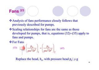 96
FansFans 2/32/3
Analysis of fans performance closely follows thatAnalysis of fans performance closely follows that
previously described for pumps.previously described for pumps.
Scaling relationships for fans are the same as thoseScaling relationships for fans are the same as those
developed for pumps, that is, equations (32)~(35) apply todeveloped for pumps, that is, equations (32)~(35) apply to
fans and pumps.fans and pumps.
For FansFor Fans
Replace the head, hReplace the head, haa, with pressure head p, with pressure head paa//ρρgg
2
22
a
1
22
a
D
p
D
p
⎟
⎟
⎠
⎞
⎜
⎜
⎝
⎛
ρω
=
⎟
⎟
⎠
⎞
⎜
⎜
⎝
⎛
ρω
(33)(33) (47)(47)
 