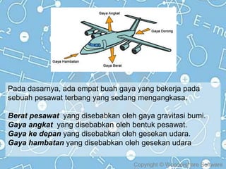 Copyright © Wondershare Software
Pada dasarnya, ada empat buah gaya yang bekerja pada
sebuah pesawat terbang yang sedang mengangkasa.
Berat pesawat yang disebabkan oleh gaya gravitasi bumi.
Gaya angkat yang disebabkan oleh bentuk pesawat.
Gaya ke depan yang disebabkan oleh gesekan udara.
Gaya hambatan yang disebabkan oleh gesekan udara
 