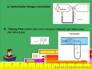 Copyright © Wondershare Software
b. Venturimeter dengan manometer
B. Tabung Pitot adalah alat untuk mengukur kelajuan gas dalam pipa
dari tabung gas.
 