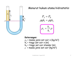 Menurut hukum utama hidrostatis:
BA PP 
21 ghgh  

1
2
h
h
x 
Keterangan:
x = massa jenis zat cair x (kg/m3)
h1 = tinggi zat cair x (m)
h2 = tinggi zat cair standar (m)
 = massa jenis zat cair (kg/m3)
<mas|tho|mas> August 2019 6
 