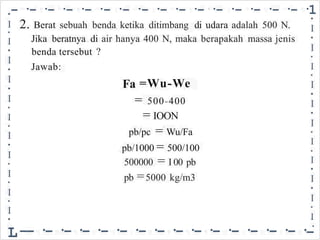 •- ·- ·- ·- ·- ·- ·- ·- ·- ·- ·- ·- ·- ·- ·- ·- ·1
•
I
•
I
•
I
•
I
•
I
•
I
•
I
•
I
•
I
•
I
•
I
-
•
2.
I
•
I
•
I
•
I
•
I
•
I
•
I
•
I
•
I
•
I
•
I
•
L
Berat sebuah benda ketika ditimbang di udara adalah 500 N.
Jika beratnya di air hanya 400 N, maka berapakah massa jenis
?
benda tersebut
Jawab:
Fa =Wu-We
= 500-400
= IOON
pb/pc = Wu/Fa
pb/1000 = 500/100
500000 = I 00 pb
=
pb 5000 kg/m3
--·-·-·-·-·-·-·-·-·-·-·-·-·-·-·
 