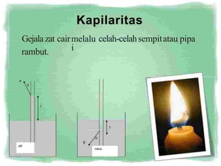 Kapilaritas
Gejala zat
rambut.
cairmelalu
i
celah-celahsempitatau pipa
· ,
y
y
¥
raksa
 