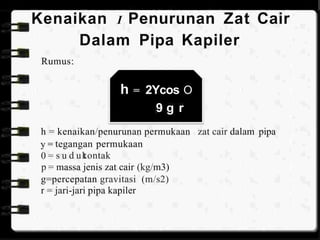 Kenaikan I Penurunan Zat Cair
Dalam Pipa Kapiler
Rumus:
h = 2Ycos O
9 g r
h = kenaikan/penurunan permukaan zat cair dalam pipa
y =
0 =
p =
tegangan permukaan
s u d uk
tontak
massa jenis zat cair (kg/m3)
g=percepatan gravitasi (m/s2)
r = jari-jari pipa kapiler
 
