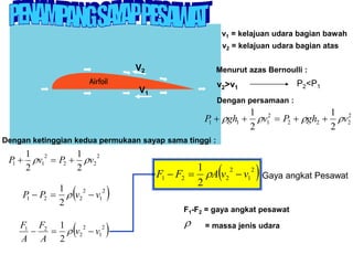 V2
V1
v1 = kelajuan udara bagian bawah
v2 = kelajuan udara bagian atas
Menurut azas Bernoulli :
v2>v1
P2<P1
Dengan persamaan :
2
2
2
2
2
1
1
1
2
1
2
1
v
gh
P
v
gh
P 


 




Dengan ketinggian kedua permukaan sayap sama tinggi :
2
2
2
2
1
1
2
1
2
1
v
P
v
P 
 


 
2
1
2
2
2
1
2
1
v
v
P
P 

 
 
2
1
2
2
2
1
2
1
v
v
A
F
A
F


 
 
2
1
2
2
2
1
2
1
v
v
A
F
F 

  Gaya angkat Pesawat
F1-F2 = gaya angkat pesawat
 = massa jenis udara
 