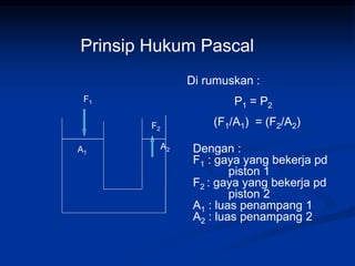 Prinsip Hukum Pascal
F1
A1
F2
A2
Di rumuskan :
P1 = P2
(F1/A1) = (F2/A2)
Dengan :
F1 : gaya yang bekerja pd
piston 1
F2 : gaya yang bekerja pd
piston 2
A1 : luas penampang 1
A2 : luas penampang 2
 