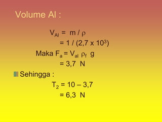 Volume Al :
VAl = m / 
= 1 / (2,7 x 103)
Maka Fa = Val f g
= 3,7 N
Sehingga :
T2 = 10 – 3,7
= 6,3 N
 