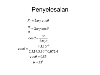 Penyelesaian
0
5
5
33
83
,
0
cos
4
.
072
,
0
.
10
.
3
.
14
,
3
.
2
10
.
5
,
4
cos
2
cos
cos
2
cos
2




















n
r
w
r
n
w
r
Fy
 