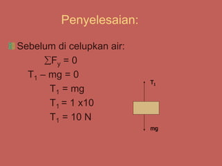 Penyelesaian:
Sebelum di celupkan air:
Fy = 0
T1 – mg = 0
T1 = mg
T1 = 1 x10
T1 = 10 N
T1
mg
 