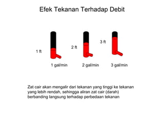 Efek Tekanan Terhadap Debit 1 ft 2 ft 3 ft 1 gal/min 2 gal/min 3 gal/min Zat cair akan mengalir dari tekanan yang tinggi ke tekanan yang lebih rendah, sehingga aliran zat cair (darah) berbanding langsung terhadap perbedaan tekanan 