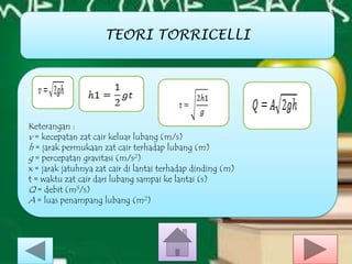 TEORI TORRICELLI

Keterangan :
v = kecepatan zat cair keluar lubang (m/s)
h = jarak permukaan zat cair terhadap lubang (m)
g = percepatan gravitasi (m/s2)
x = jarak jatuhnya zat cair di lantai terhadap dinding (m)
t = waktu zat cair dari lubang sampai ke lantai (s)
Q = debit (m3/s)
A = luas penampang lubang (m2)

 