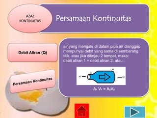 AZAZ
KONTINUITAS

Debit Aliran (Q)

Persamaan Kontinuitas

air yang mengalir di dalam pipa air dianggap
mempunyai debit yang sama di sembarang
titik. atau jika ditinjau 2 tempat, maka:
debit aliran 1 = debit aliran 2, atau :

A₁ V₁ = A₂V₂

 