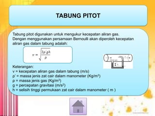TABUNG PITOT
Tabung pitot digunakan untuk mengukur kecepatan aliran gas.
Dengan menggunakan persamaan Bernoulli akan diperoleh kecepatan
aliran gas dalam tabung adalah:

Keterangan:
v = kecepatan aliran gas dalam tabung (m/s)
ρ’ = massa jenis zat cair dalam manometer (Kg/m3)
ρ = massa jenis gas (Kg/m3)
g = percepatan gravitasi (m/s2)
h = selisih tinggi permukaan zat cair dalam manometer ( m )

 