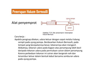 Alat penyemprot
Cara kerja :
Apabila pengisap ditekan, udara keluar dengan cepat melalui lubang
sempit pada ujung pompa. Berdasarkan Hukum Bernoulli, pada
tempat yang kecepatannya besar, tekanannya akan mengecil.
Akibatnya, tekanan udara pada bagian atas penampung lebih kecil
daripada tekanan udara pada permukaan cairan dalam penampung.
Karena perbedaan tekanan ini cairan akan bergerak naik dan
tersembur keluar dalam bentuk kabut bersama semburan udara
pada ujung pompa.
 