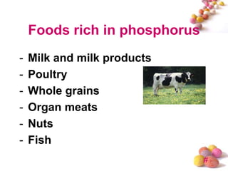 Foods rich in phosphorus
-   Milk and milk products
-   Poultry
-   Whole grains
-   Organ meats
-   Nuts
-   Fish
                               #
 
