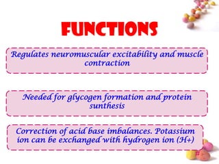 functions
Regulates neuromuscular excitability and muscle
                 contraction



  Needed for glycogen formation and protein
                  sunthesis


 Correction of acid base imbalances. Potassium
 ion can be exchanged with hydrogen ion (H+)
                                                 #
 